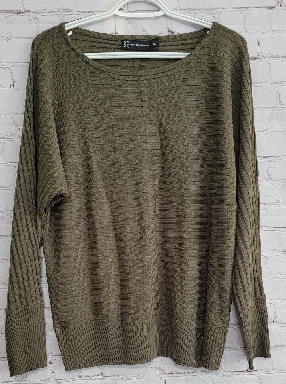 New York & Company Women's Olive Ribbed Crewneck Sweater XL
